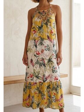 STYLE & CO. Floral Bird Paradise Maxi Dress, Women’s L, Yellow White